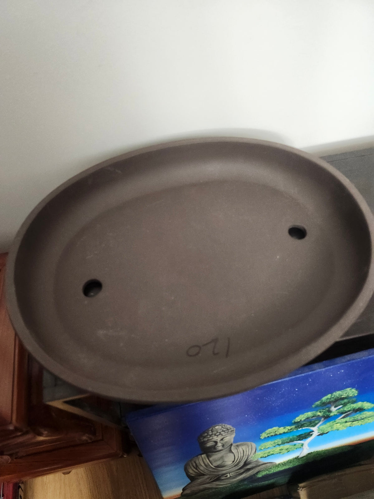 10" Japanese shallow oval , unglazed pot