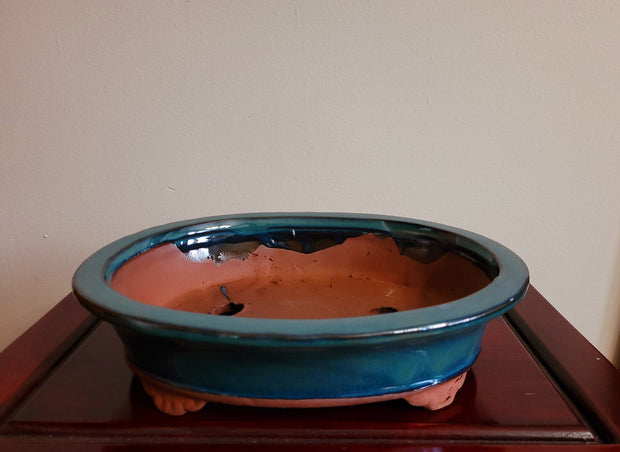 10" Chinese sea green/blue shallow oval pot with lip