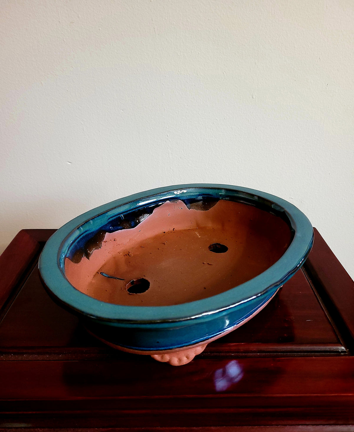 10" Chinese sea green/blue shallow oval pot with lip