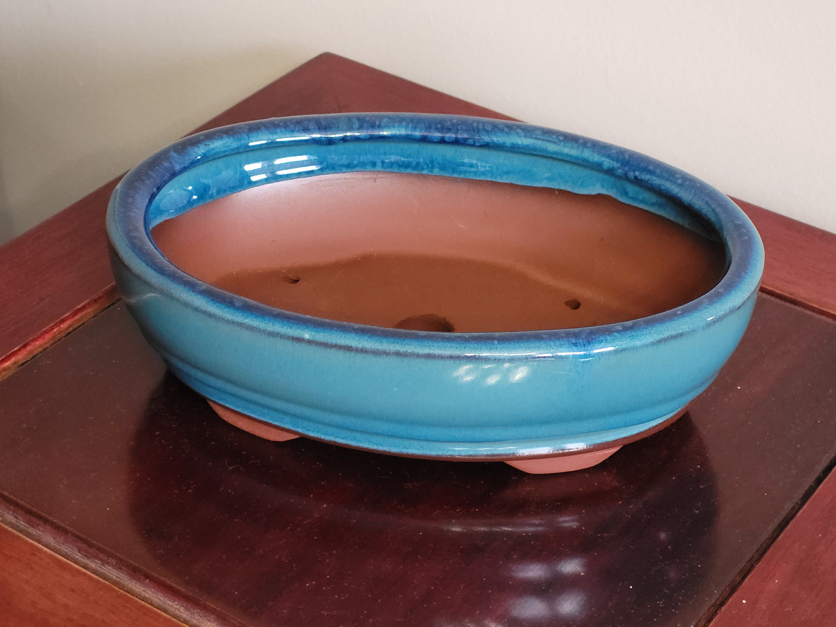 7" Chinese Ocean Blue glazed Oval Bonsai Pot