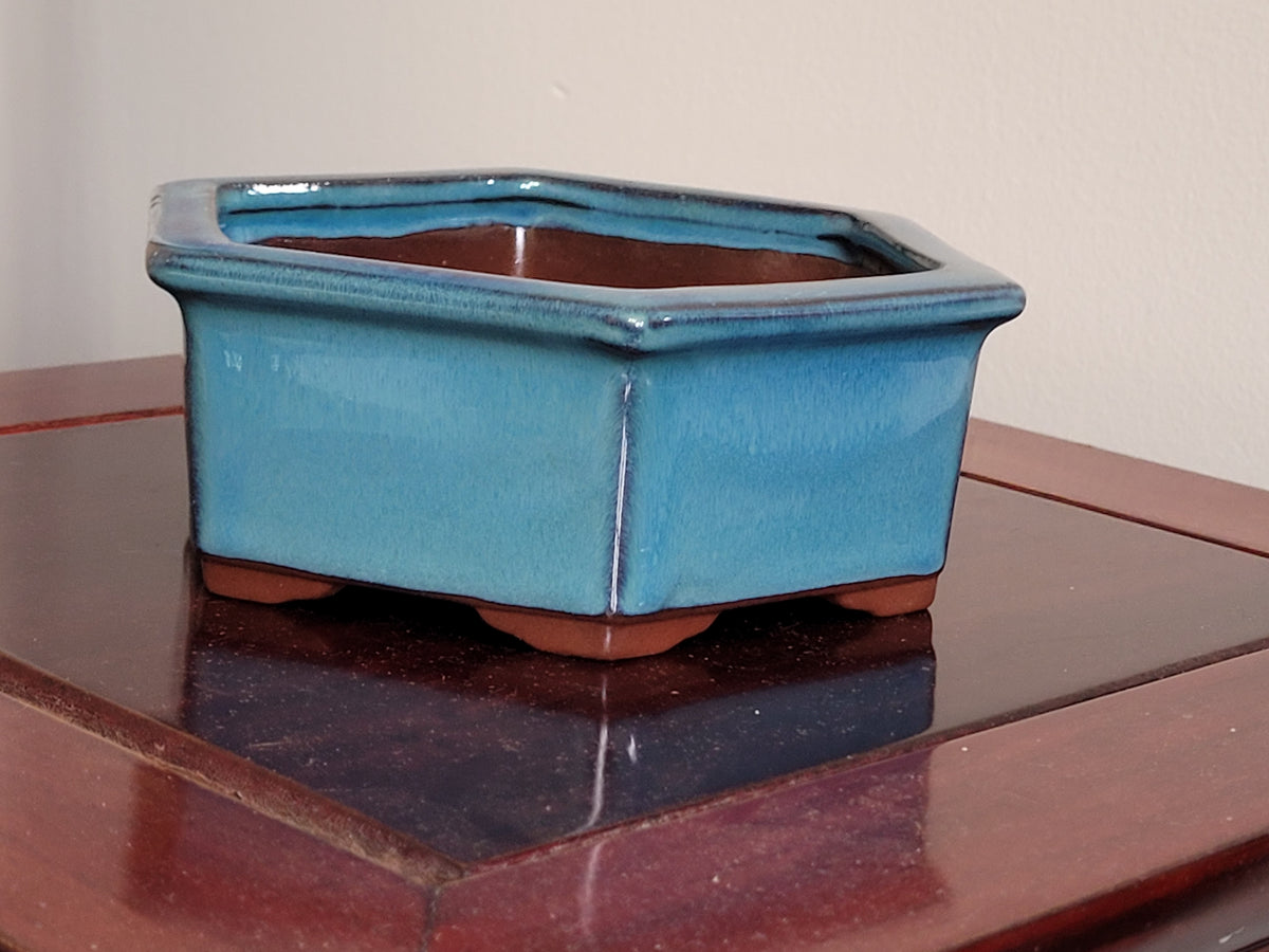 5" Chinese Ocean Blue glazed Hexagonal Bonsai Pot with hard corners