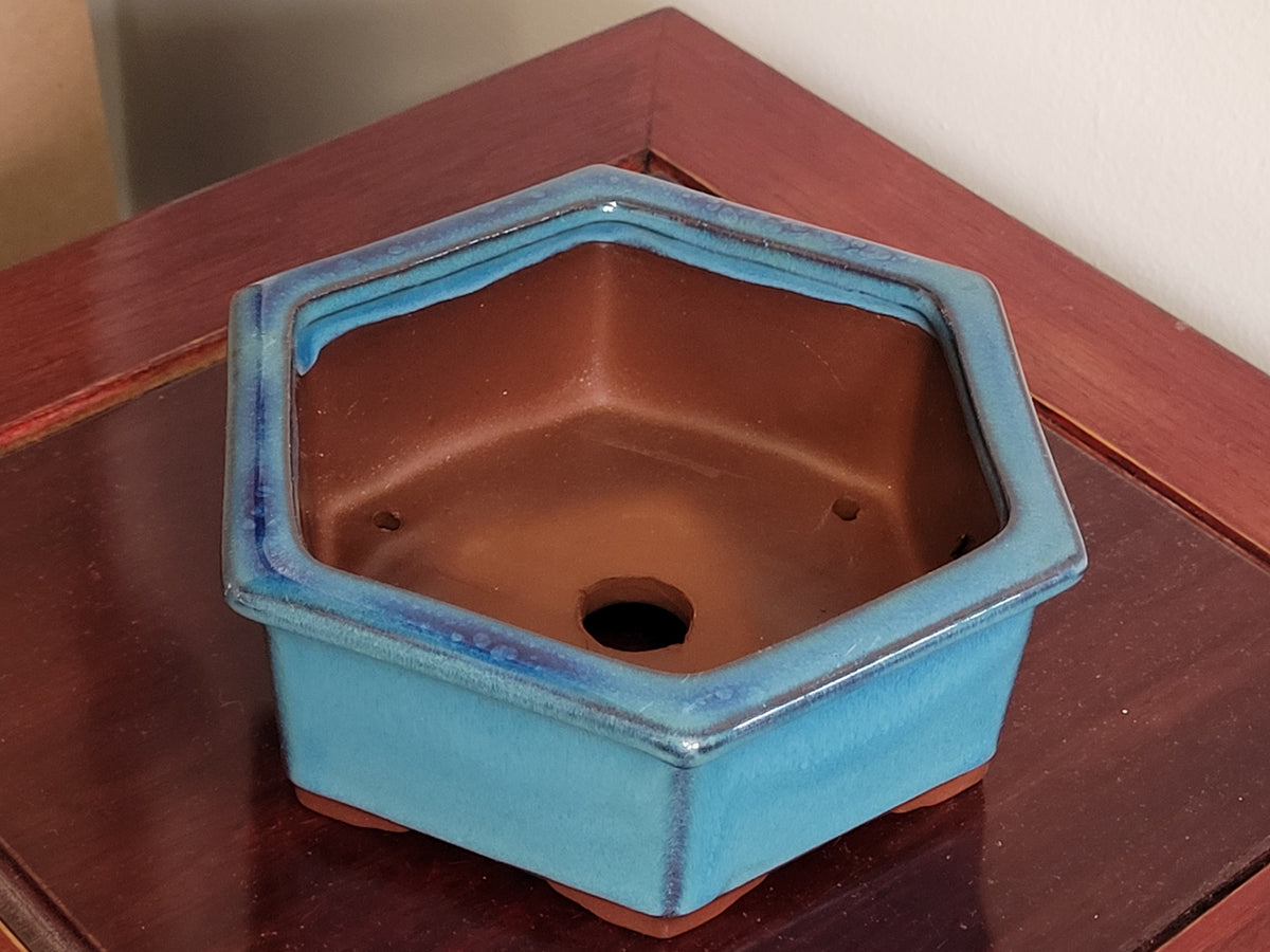 5" Chinese Ocean Blue glazed Hexagonal Bonsai Pot with hard corners