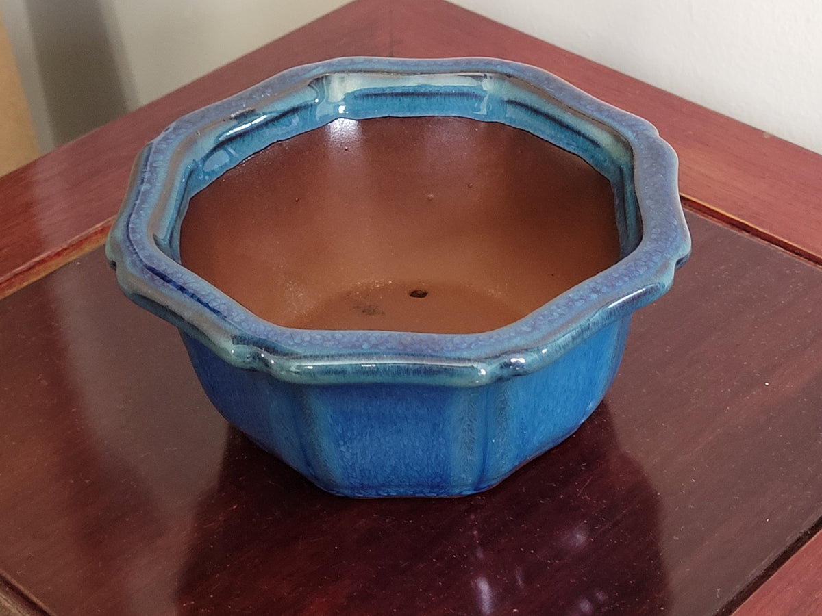4 1/4" Chinese Ocean Blue glazed Octagonal Bonsai Pot with hard corners
