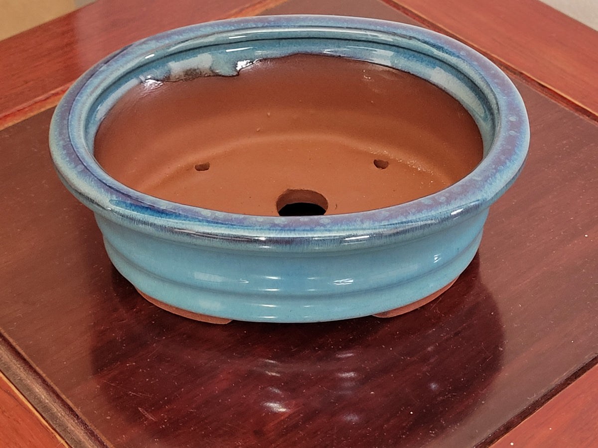 5" Chinese Ocean Blue glazed Oval Bonsai Pot