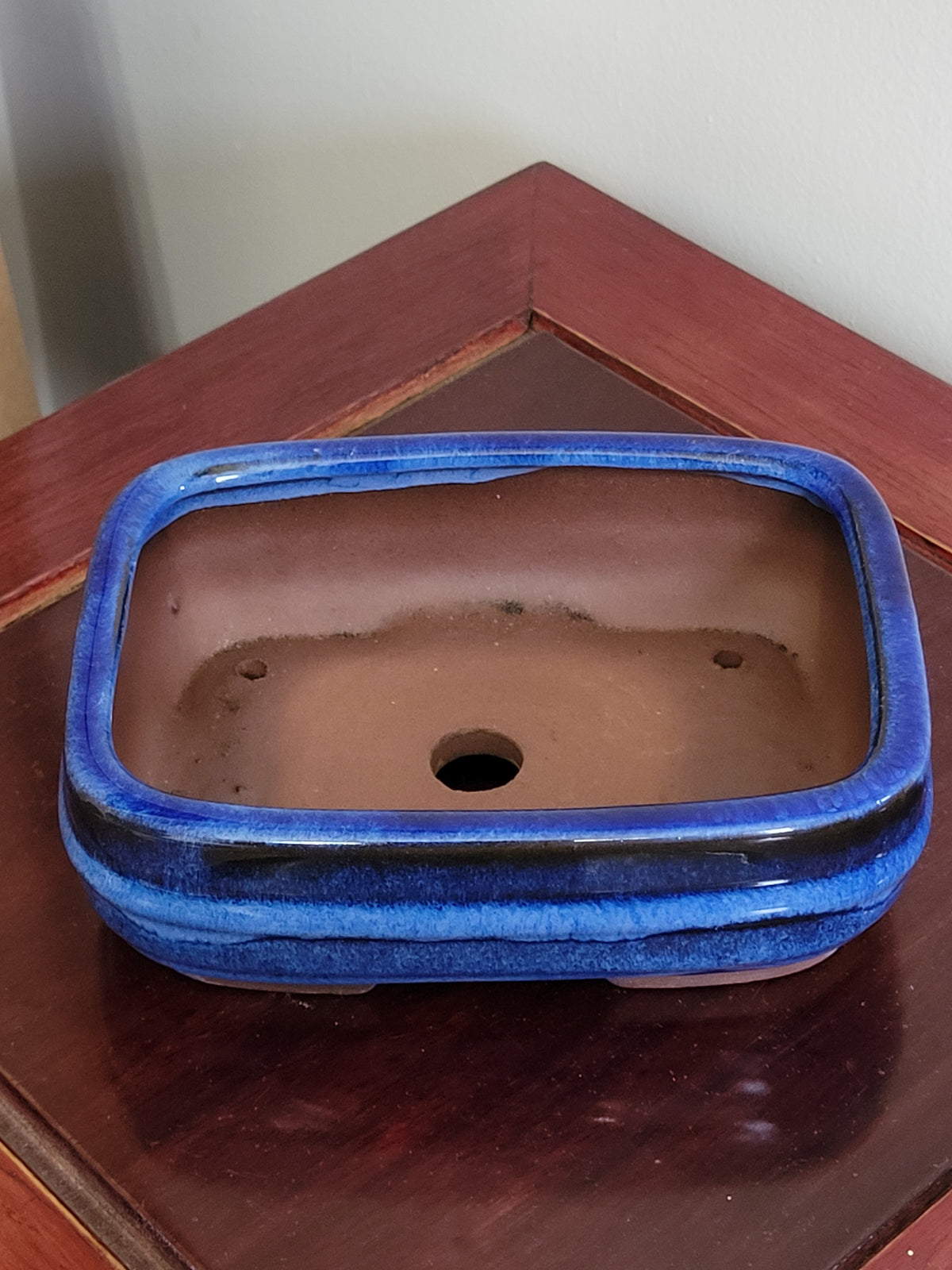 5.25" Chinese Blue glazed Rectangular Bonsai Pot with a Rib