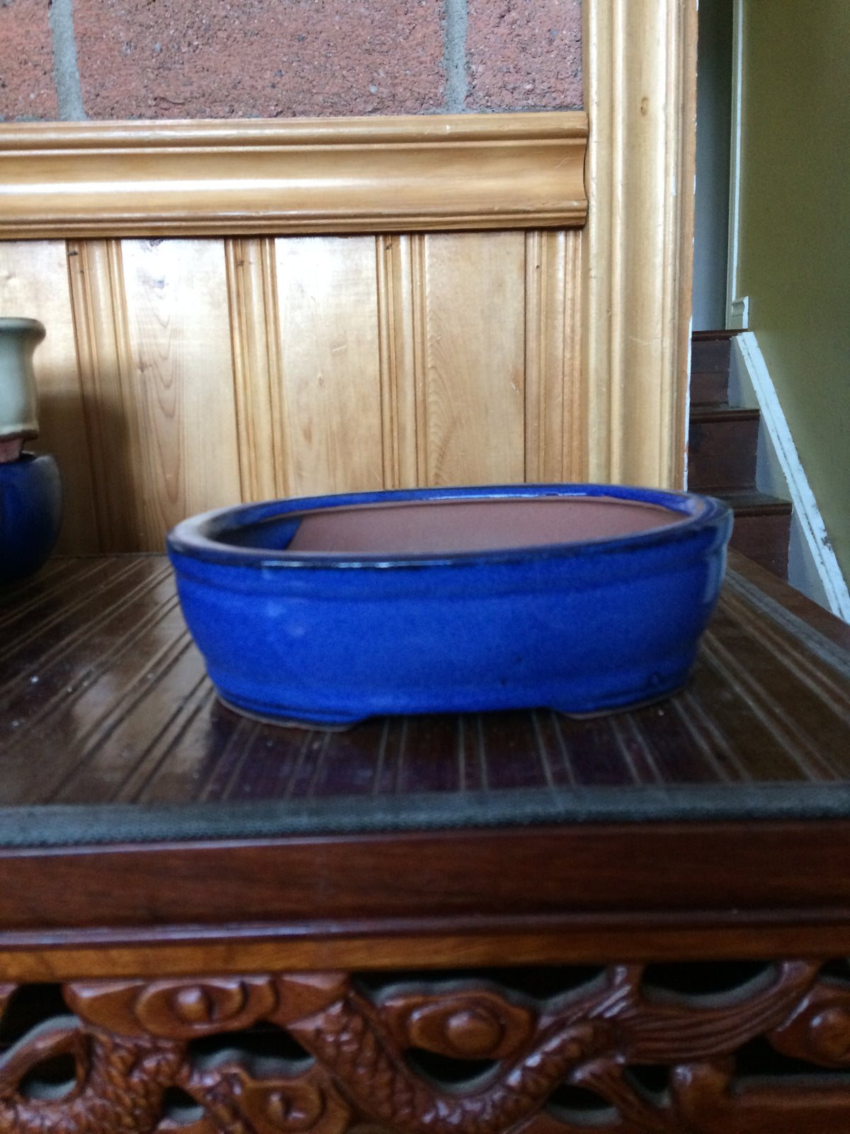 6" Blue glazed  oval Bonsai Pot