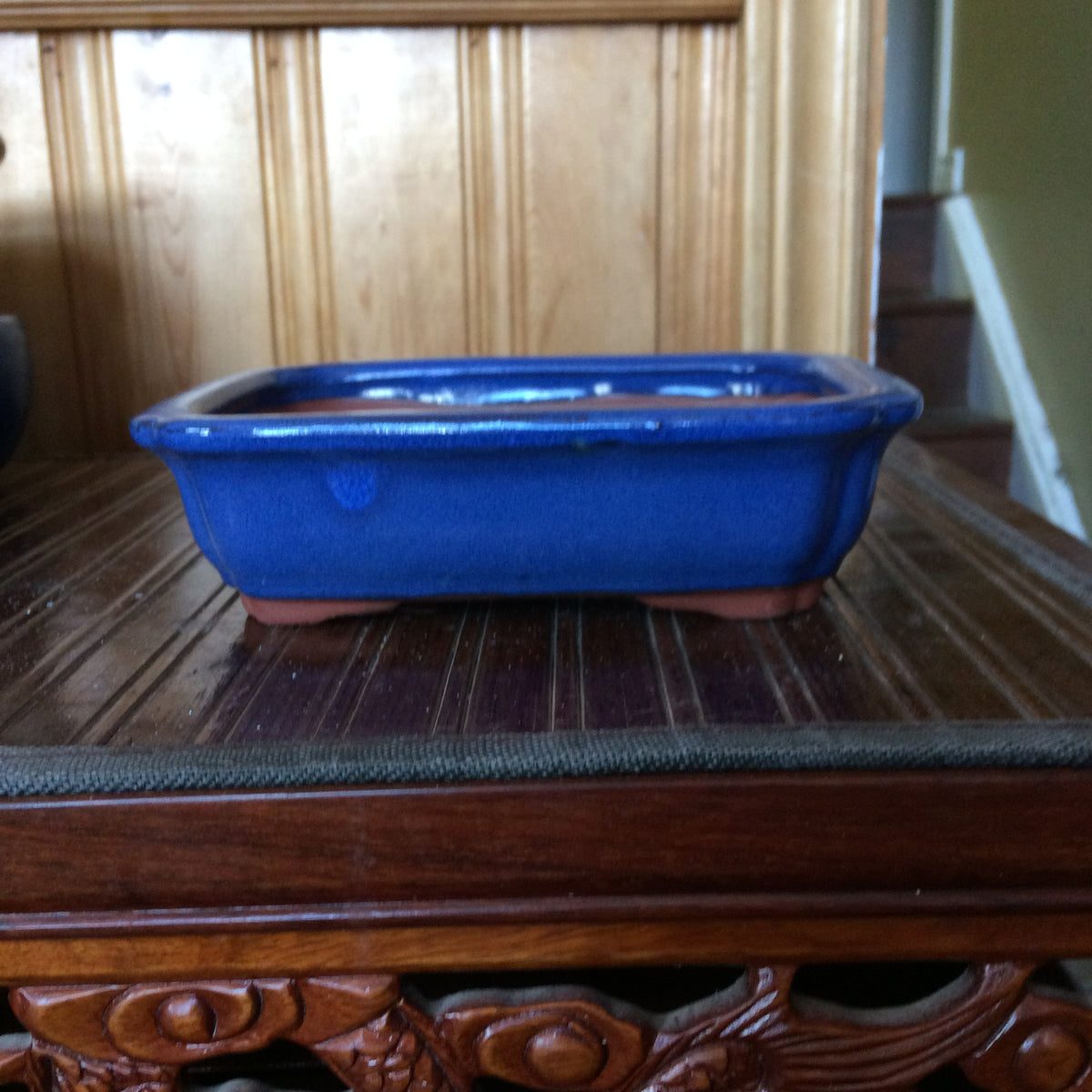 8"  Blue  glazed  rectangular  Bonsai Pot (indented corners)