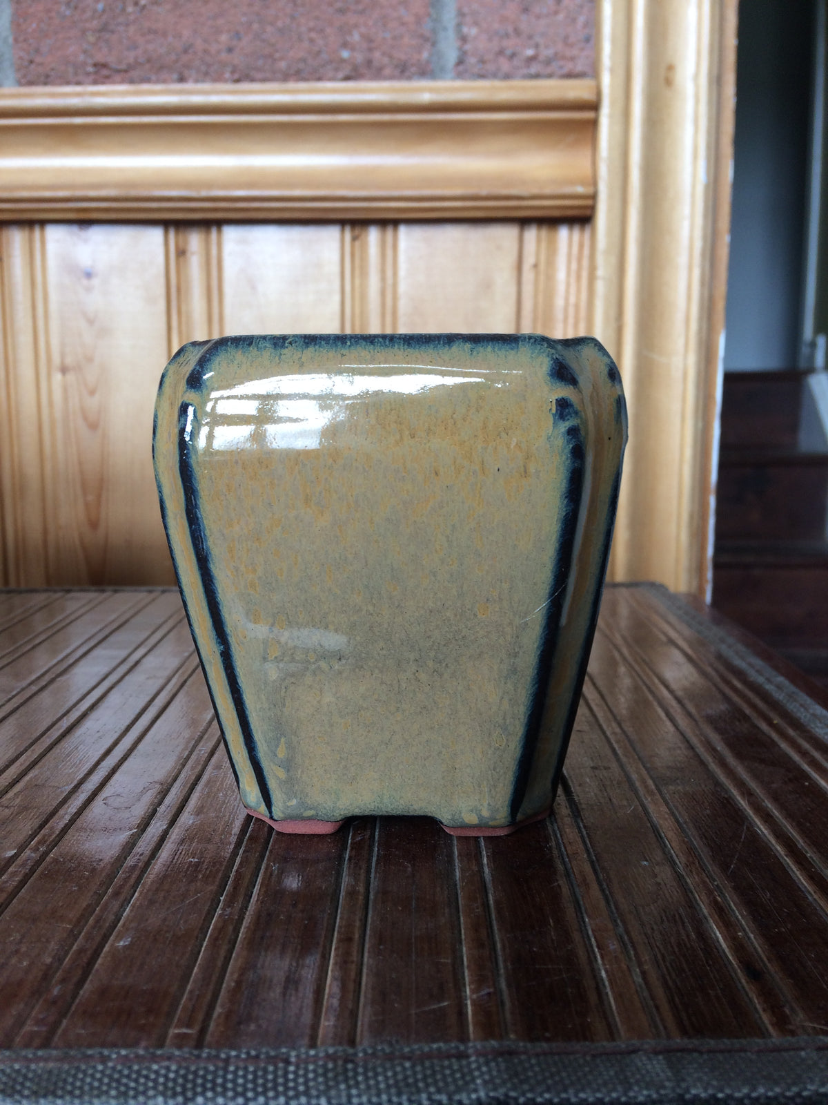 4” tall Beige/Mustard Square Glazed Cascade  Bonsai Pot