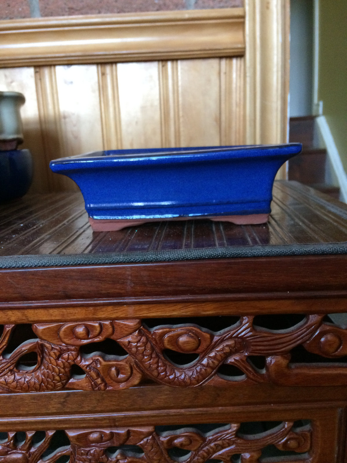 6"  Blue  glazed  rectangular  Bonsai Pot (sharp corners)