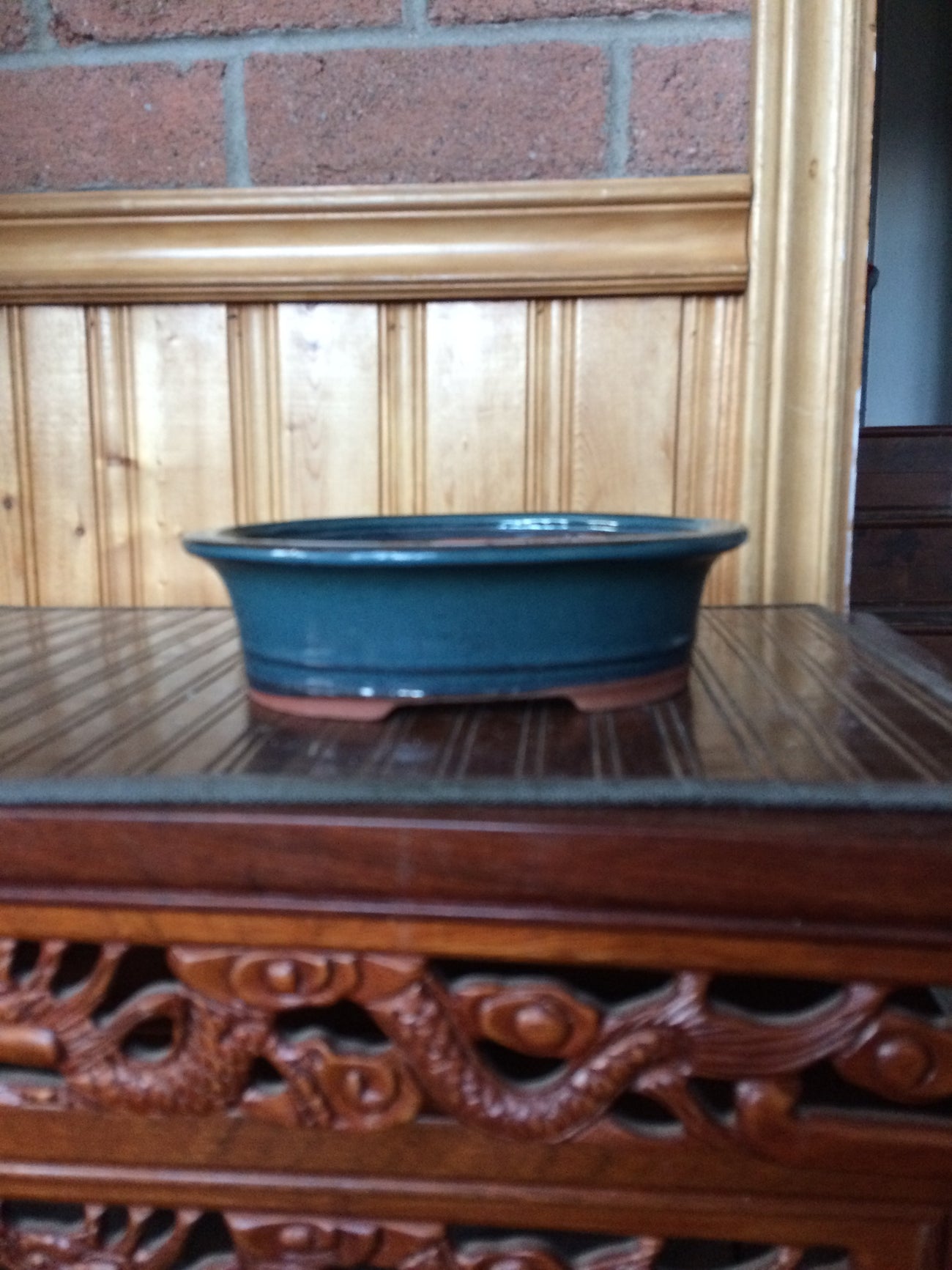 8"  Ocean Blue/Green  glazed  oval  Bonsai Pot with lip