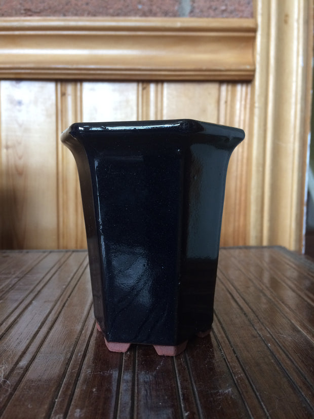 4” tall Black Hexagonal Glazed Cascade  Bonsai Pot
