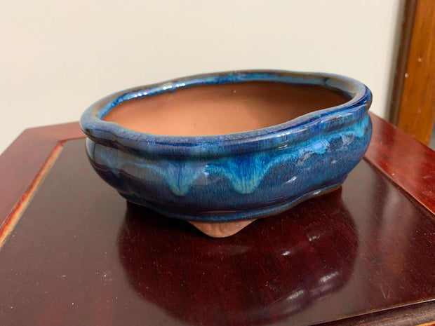 5" Chinese Ocean Blue glazed Indented Oval Bonsai Pot