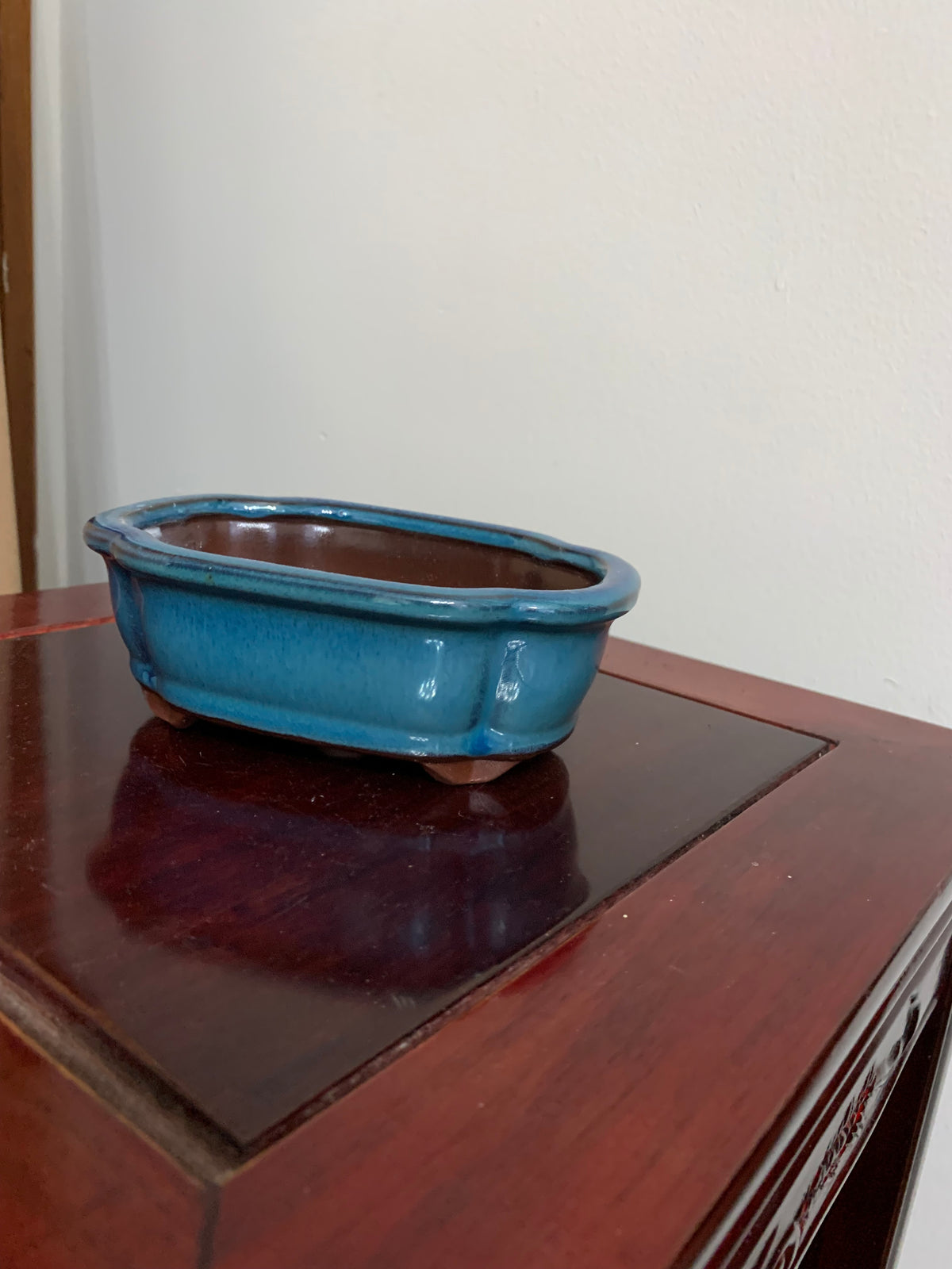 5.25" Chinese Ocean Blue glazed Lotus Bonsai Pot
