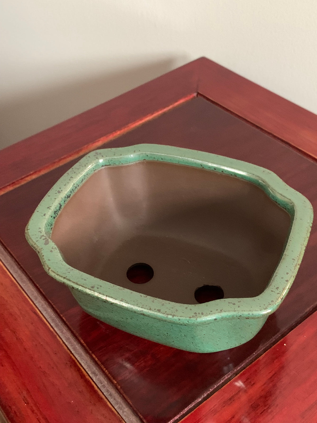 Japanese Mizutani Glazed Rectangular Bonsai Pot with pushed in corners
